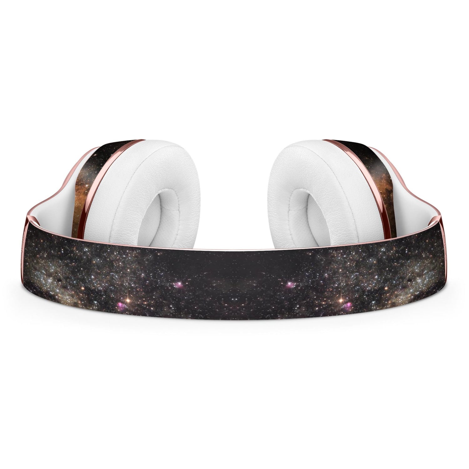 Rose gold headphones with white cushions and starry galaxy print on the headband.