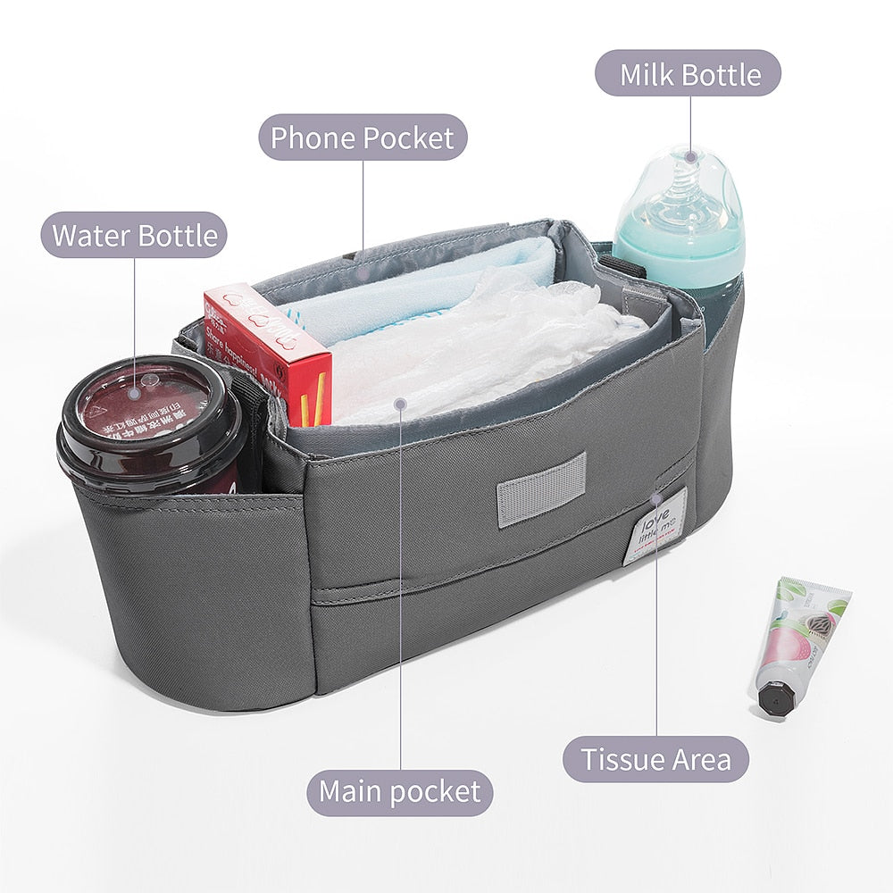 Gray organizer with labeled pockets for water bottle, milk bottle, phone, tissues, and main items.