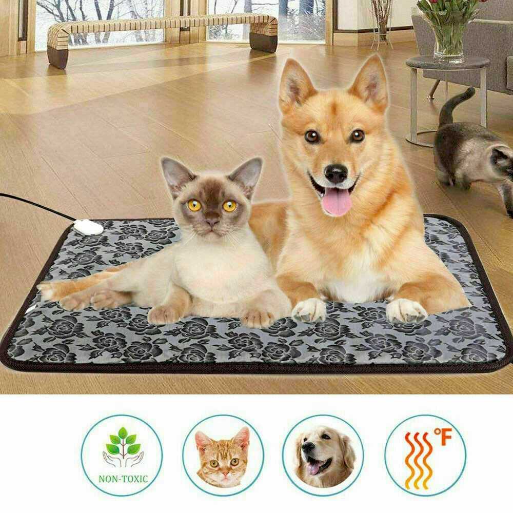 Cat and dog on a gray floral mat in a bright living room; icons show non-toxic, cat, dog, heating.