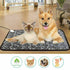 Cat and dog on a gray floral mat in a bright living room; icons show non-toxic, cat, dog, heating.