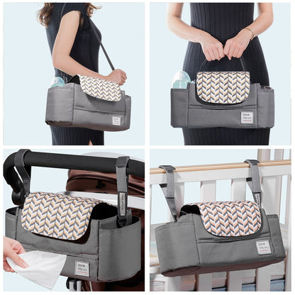 Gray diaper caddy with chevron flap, shown on shoulder, stroller, crib, and accessing tissues.