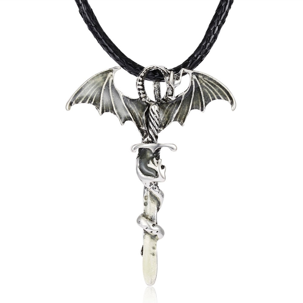 Silver necklace with bat wings and a snake design on a black braided cord.