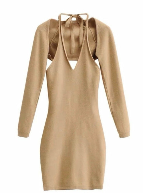 Beige long-sleeve dress with halter neck and open back. Fitted silhouette, minimalist style.