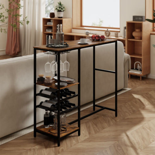 Long Bar Table Bar Height Dining Table with Storage Shelves-Rustic Brown-0