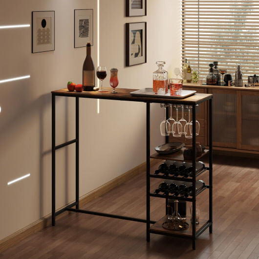 Long Bar Table Bar Height Dining Table with Storage Shelves-Rustic Brown-1