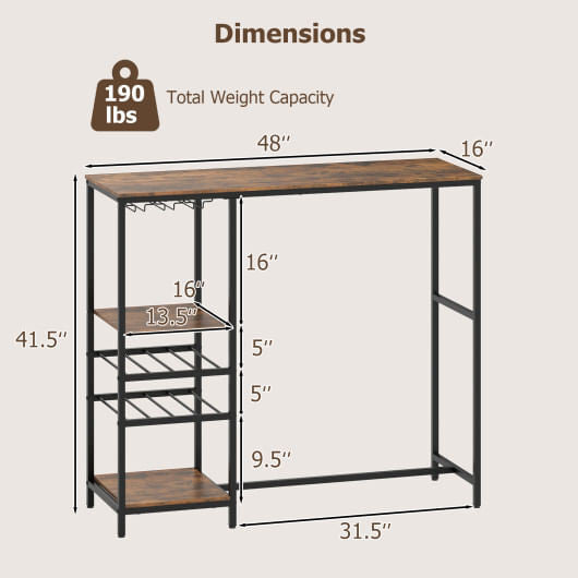 Long Bar Table Bar Height Dining Table with Storage Shelves-Rustic Brown-3