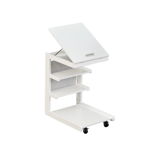 C-shaped End Table with Wheels and Adjustable Desktop for Sofa Couch Bedside-Natural-0