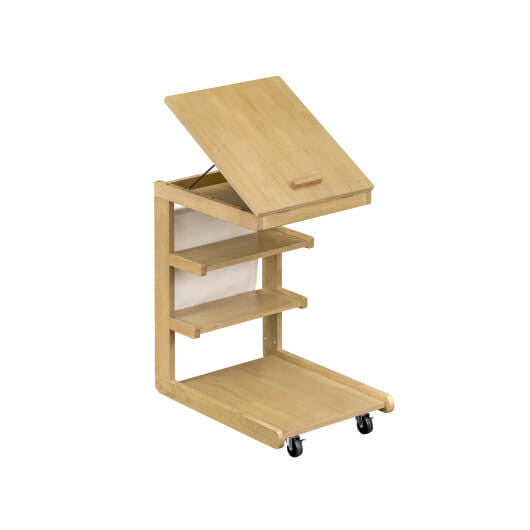 C-shaped End Table with Wheels and Adjustable Desktop for Sofa Couch Bedside-Natural-2
