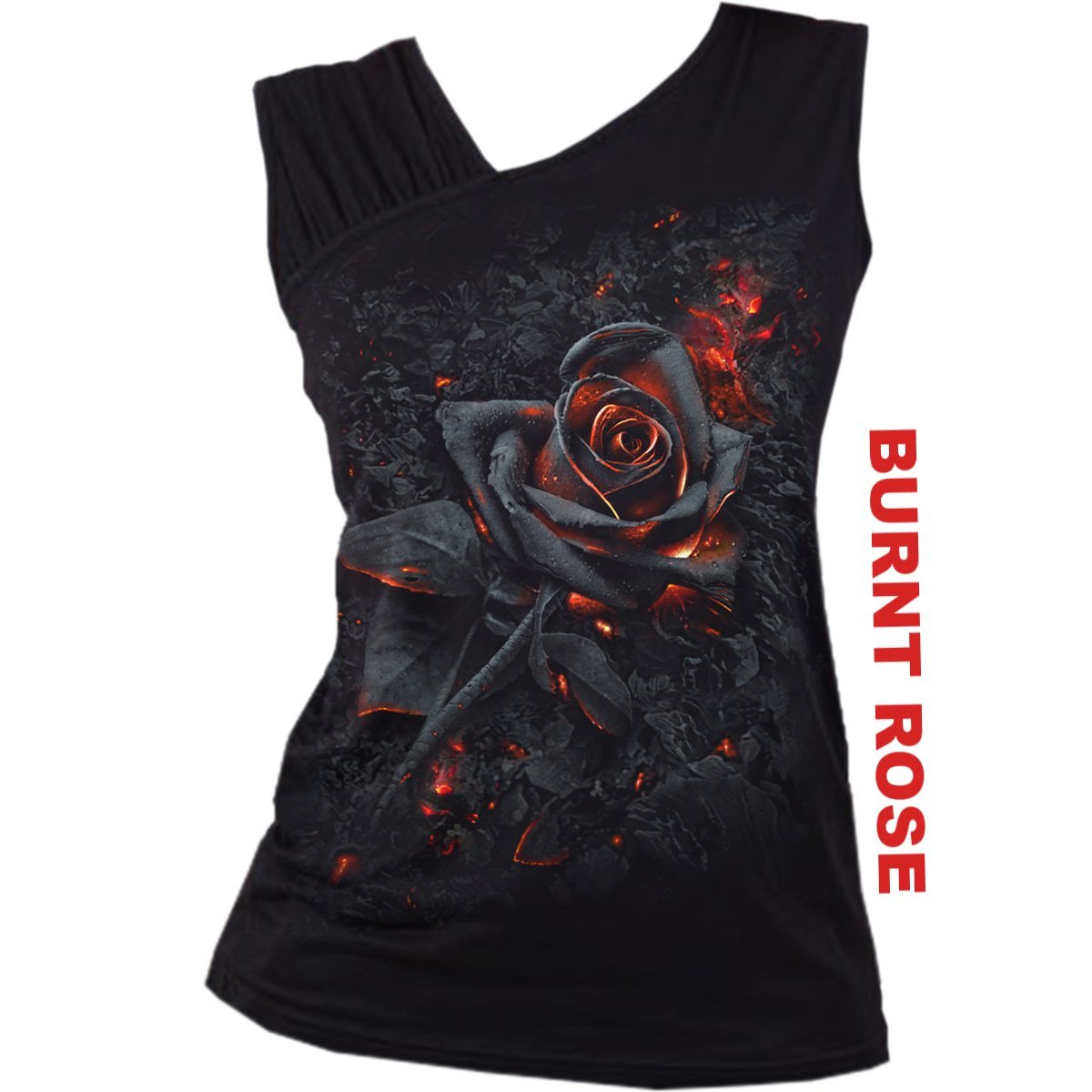 Black sleeveless top featuring a large, fiery rose design with red text "Burnt Rose" beside it.