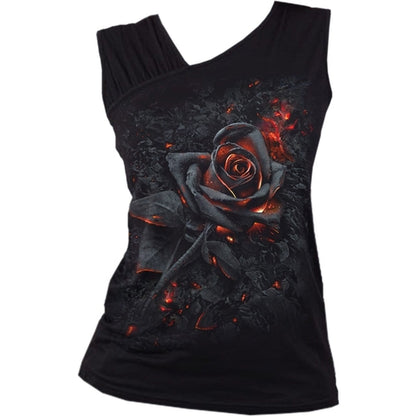 Black sleeveless top with a large, glowing red rose design and subtle orange sparks.