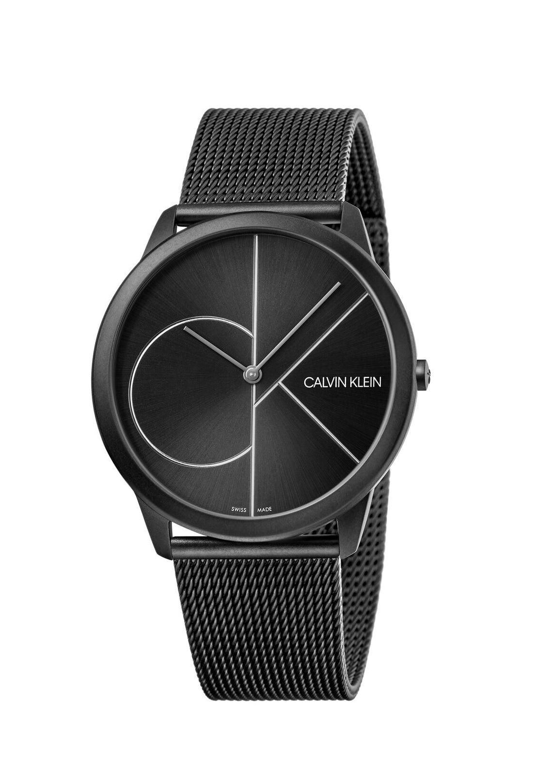Sleek black watch with mesh strap, minimalist dial, and silver hour markers.