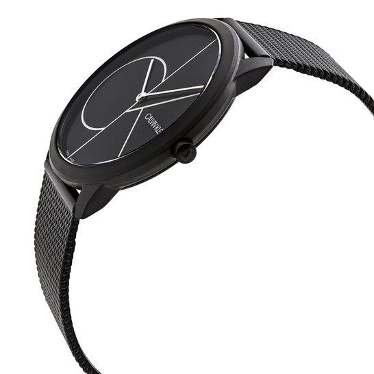 Sleek black watch with minimalist design, geometric lines, and a textured band.