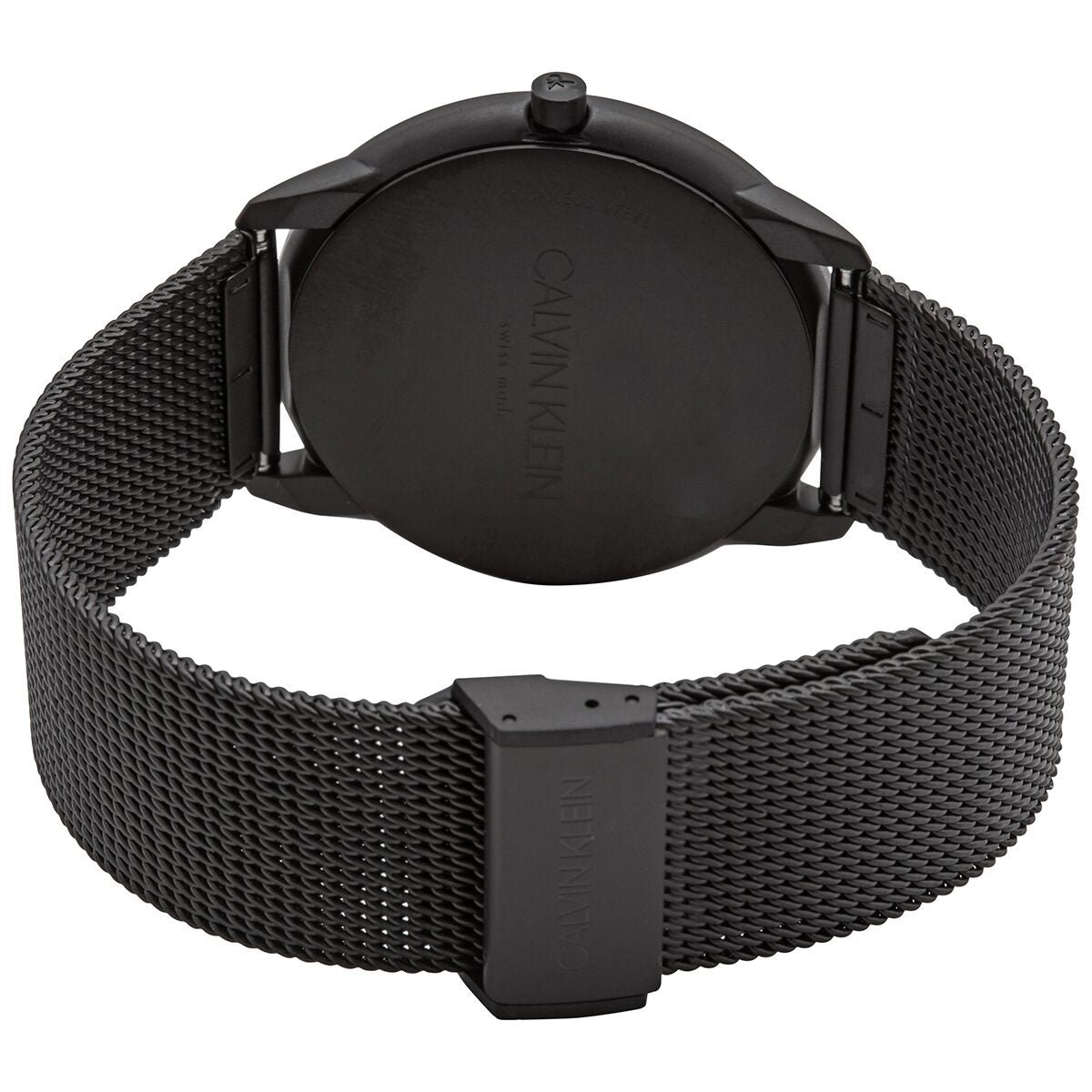 Black mesh watch band and case with side crown and engraved clasp.