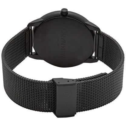 Black mesh watch band and case with side crown and engraved clasp.