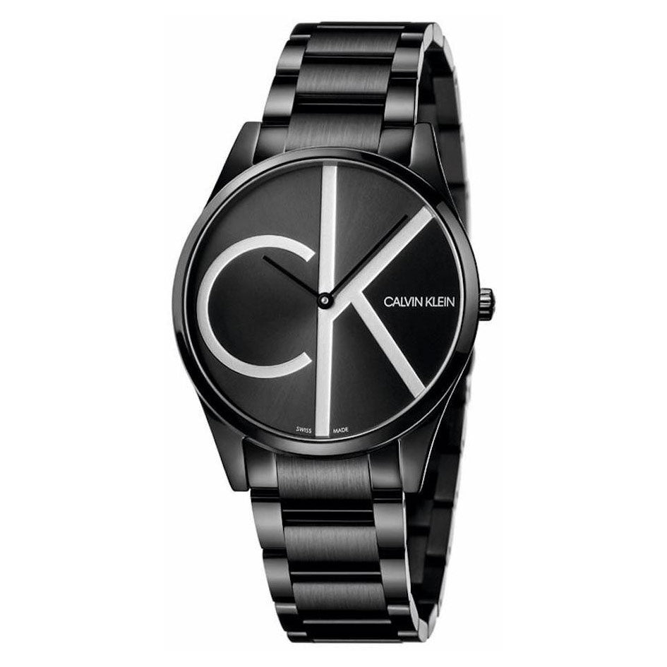 Sleek black watch with bold "CK" logo on face, shiny metal band, and minimalist design.