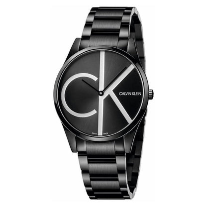 Sleek black watch with bold "CK" logo on face, shiny metal band, and minimalist design.