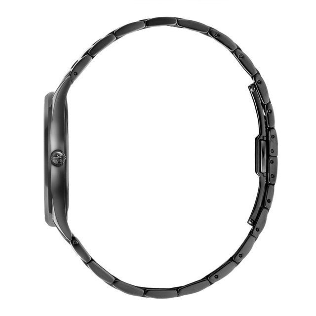 Side view of a sleek, black metal wristwatch with a thin band and round face.