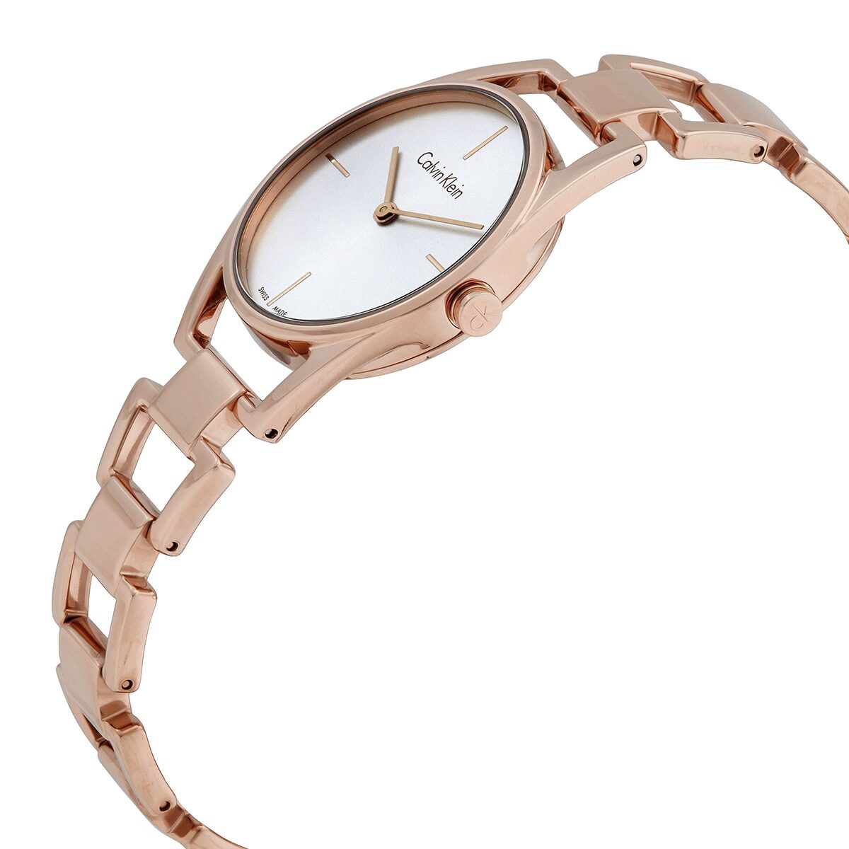 Rose gold watch with white dial, minimalist markers, and a linked strap.