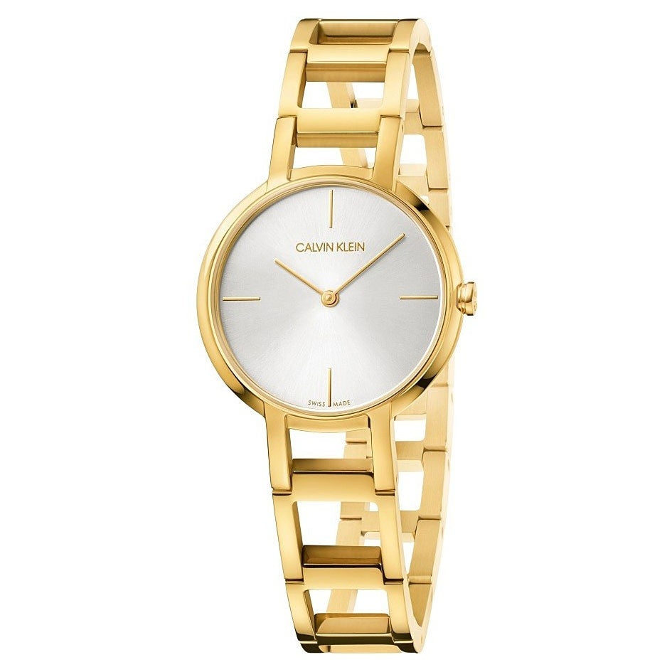 Gold bracelet watch with a silver dial, minimal markings, and stylish open-link design.
