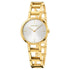 Gold bracelet watch with a silver dial, minimal markings, and stylish open-link design.