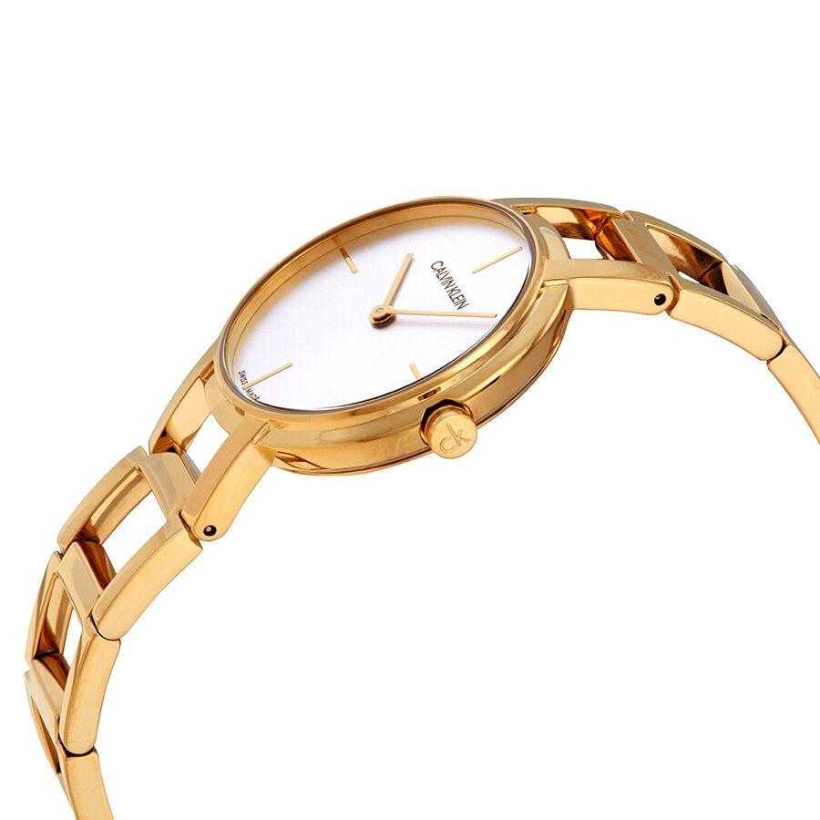 Golden wristwatch with a white face, gold hands, and a linked bracelet design.