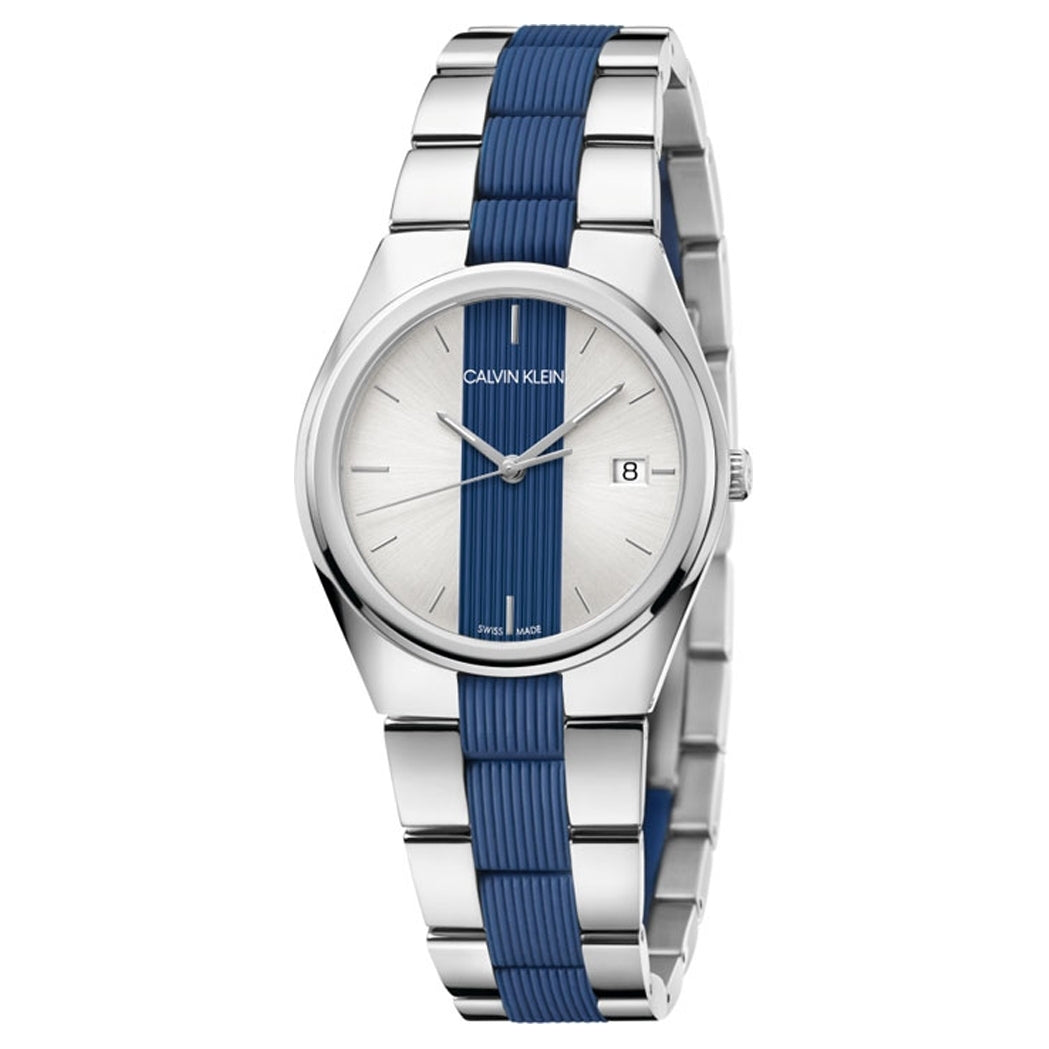Silver and blue watch with a striped band and a silver dial displaying a date window at 3 o&