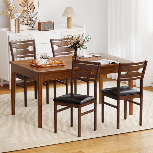 Wooden Dining Chair Set of 2 with PU Leather Padded Seat and Rubber Wood Frame-Walnut-0