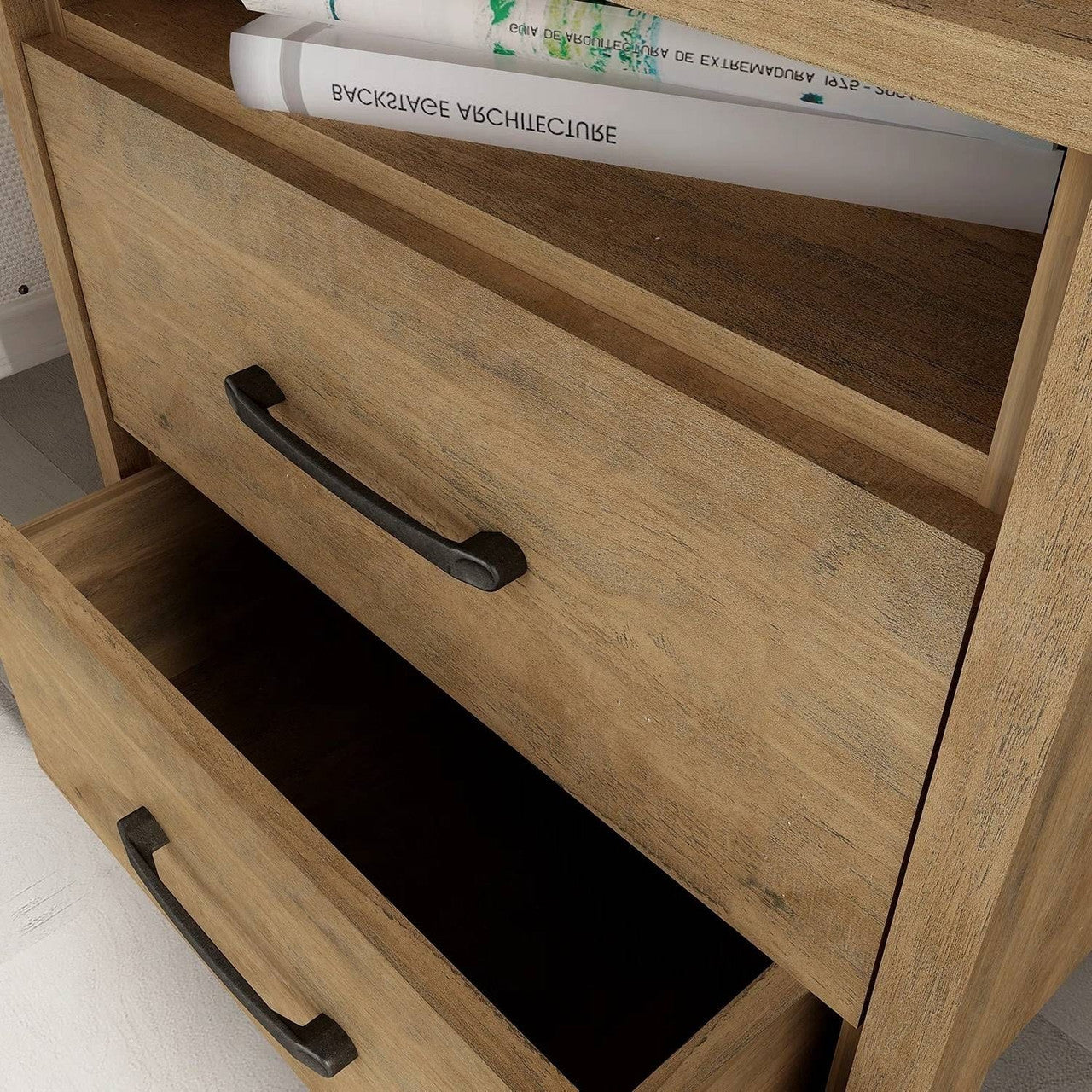 Modern Farmhouse 2-Drawer Nightstand Bedside Table in Brown Oak Wood Finish-0