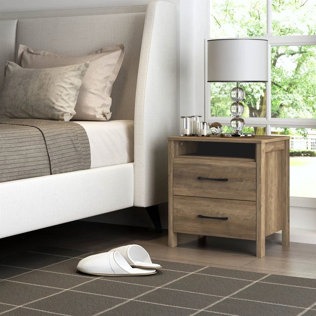 Modern Farmhouse 2-Drawer Nightstand Bedside Table in Brown Oak Wood Finish-1