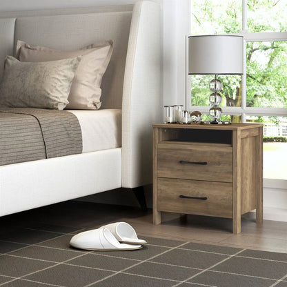 Modern Farmhouse 2-Drawer Nightstand Bedside Table in Brown Oak Wood Finish-1