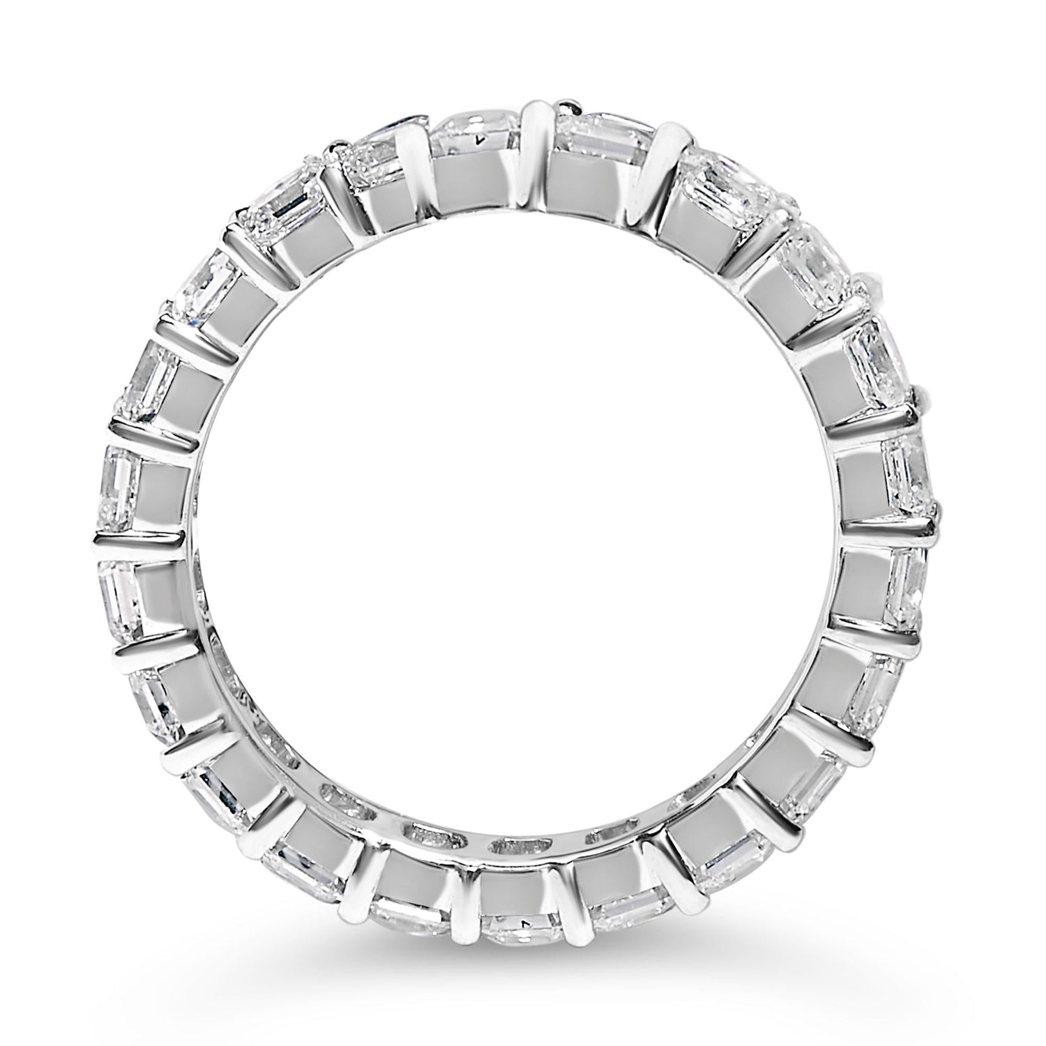 Silver ring with rectangular diamonds set all around, shown on a white background.