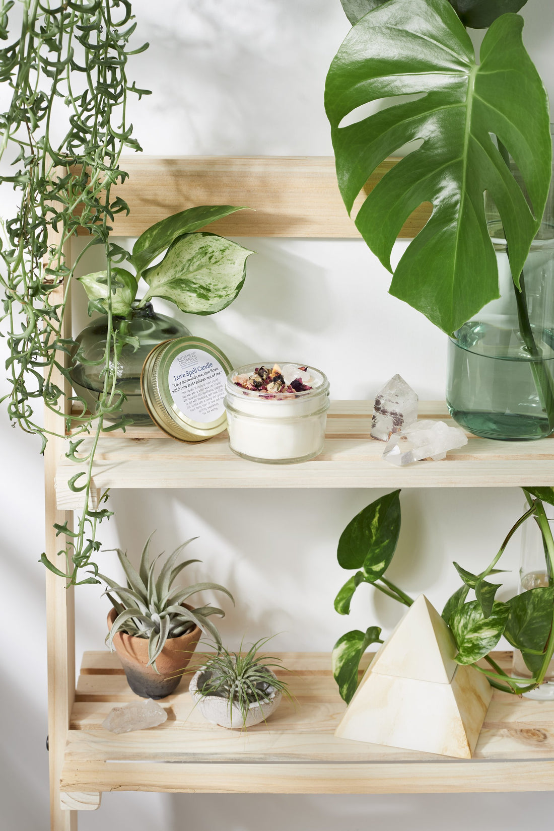Wooden shelf with trailing plants, a large green leaf, a candle jar, crystals, and a decorative pyramid.