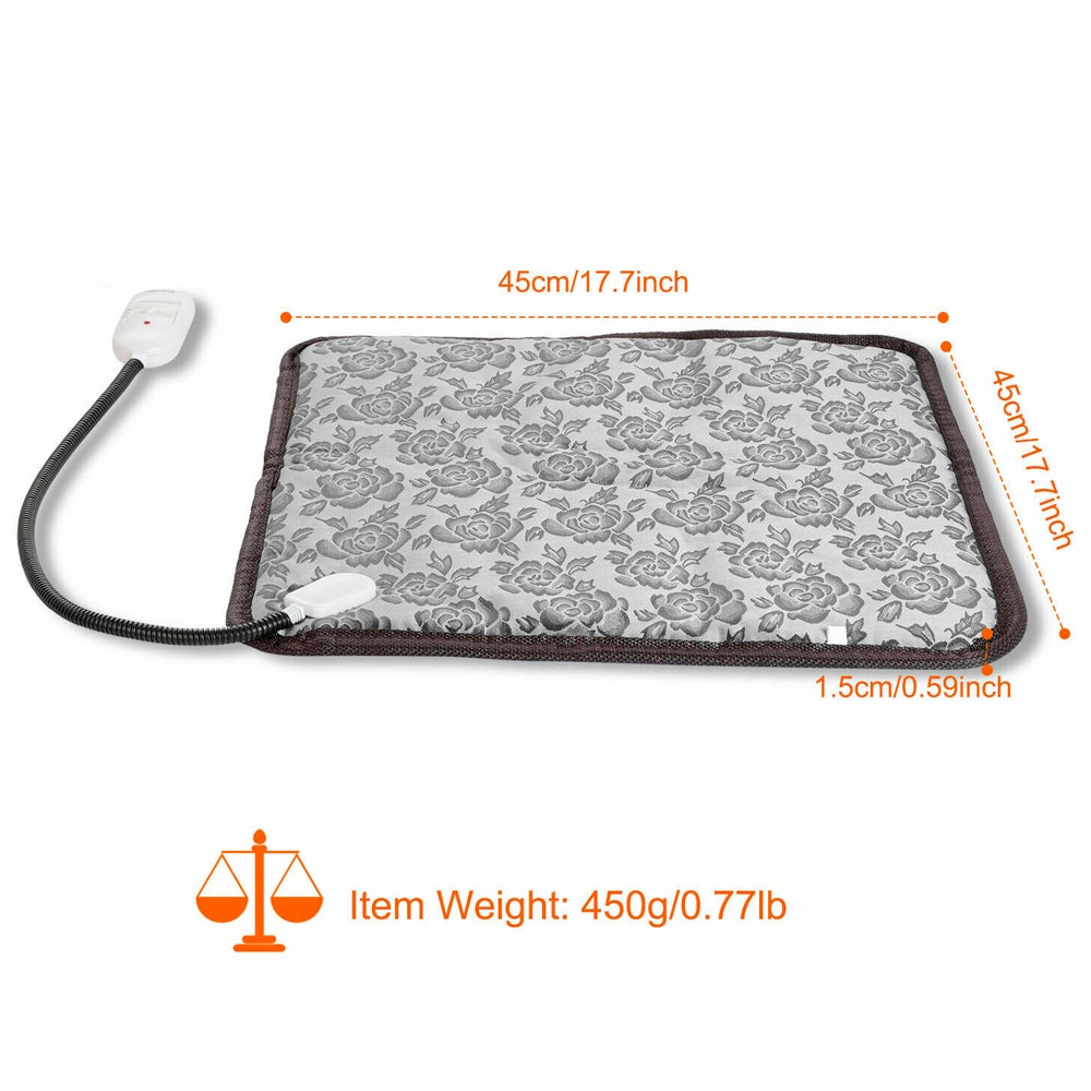 Gray floral heating pad with control, measuring 45cm square and 1.5cm thick. Weight: 450g.