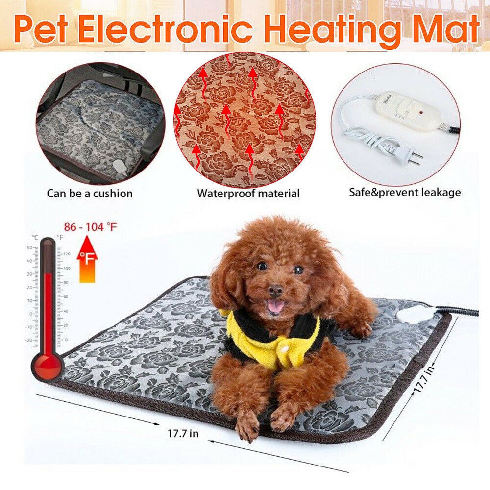 Pet heating mat with floral design, shown with a poodle on it. Features: cushion, waterproof, safe.