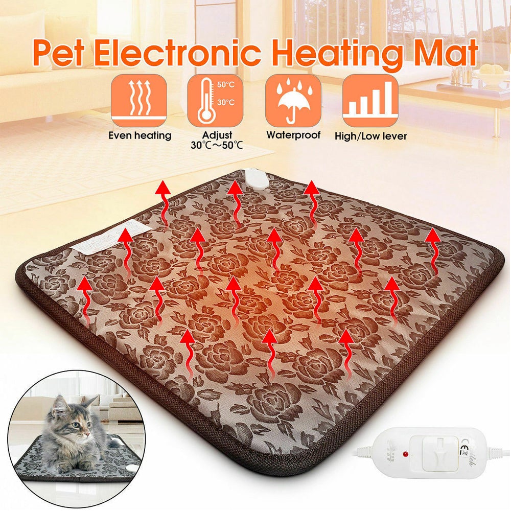 Pet heating mat with floral design, red heat arrows, and temperature control remote.