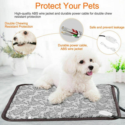 White fluffy dog on gray floral mat with protective features, cable in the foreground.