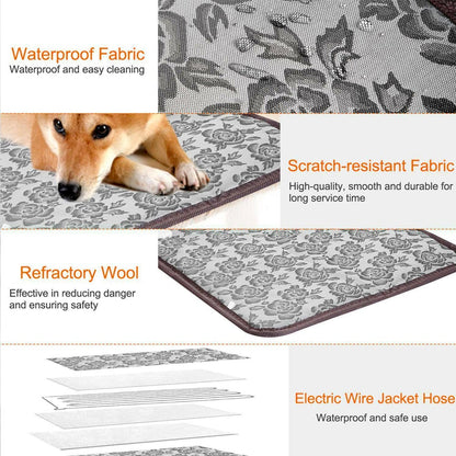 Mat with floral design, featuring waterproof, scratch-resistant, refractory layers, and a dog.