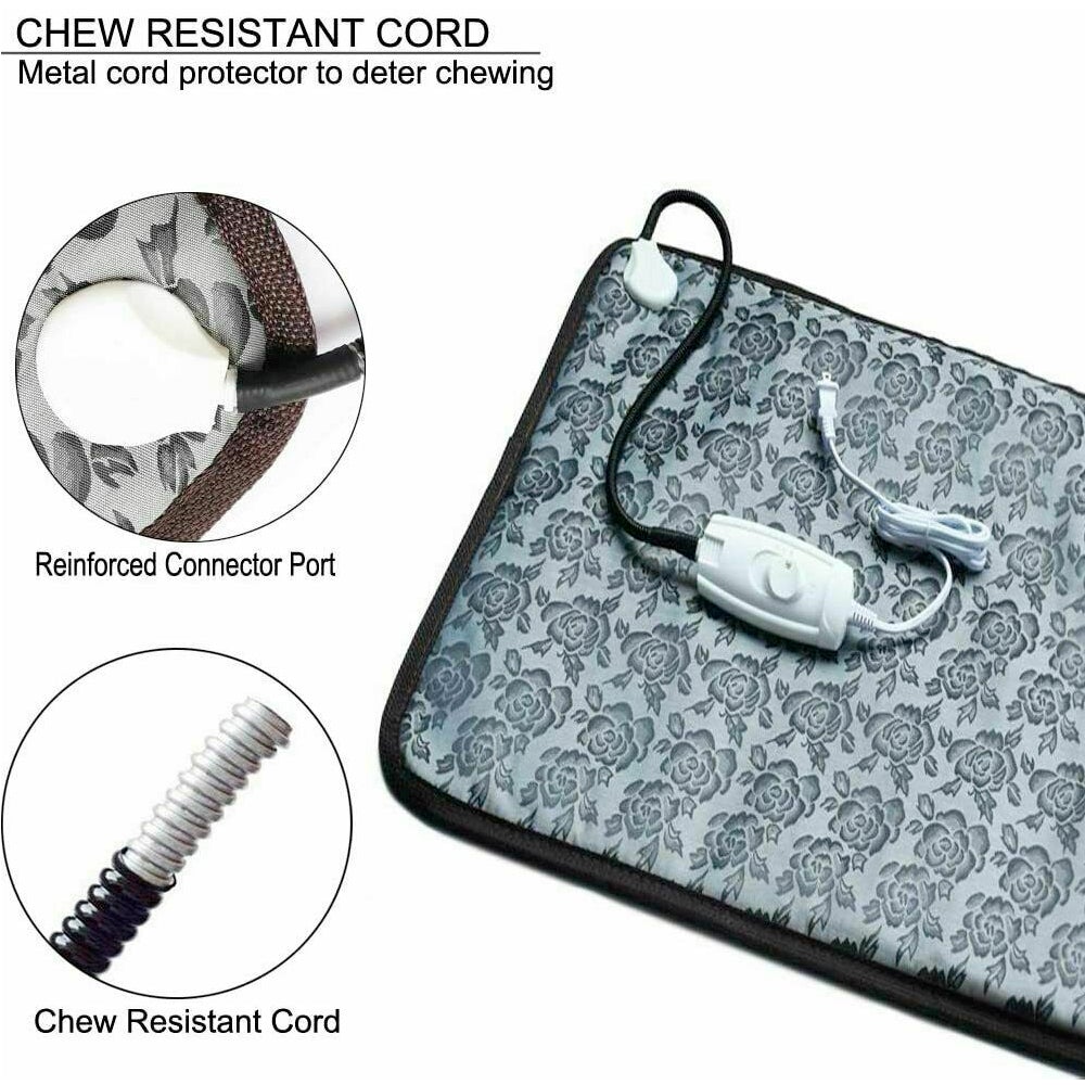 Heating pad with floral pattern, chew-resistant cord, and control switch on a gray background.