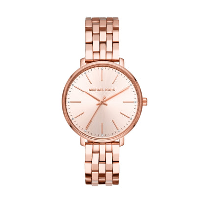 Rose gold watch with a sunburst dial, minimalist hour markers, and a linked bracelet band.