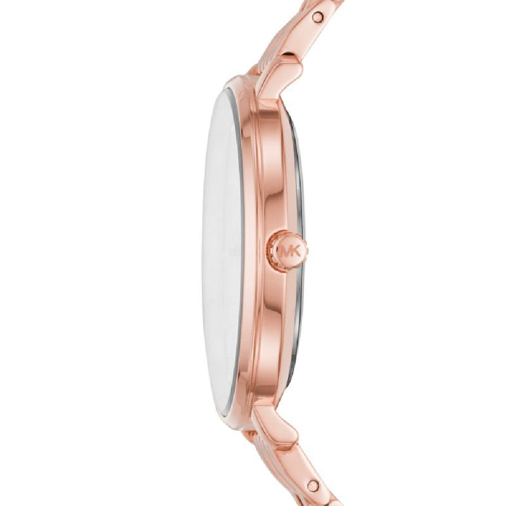 Side view of a rose gold watch with a white face and a side button showing a logo.