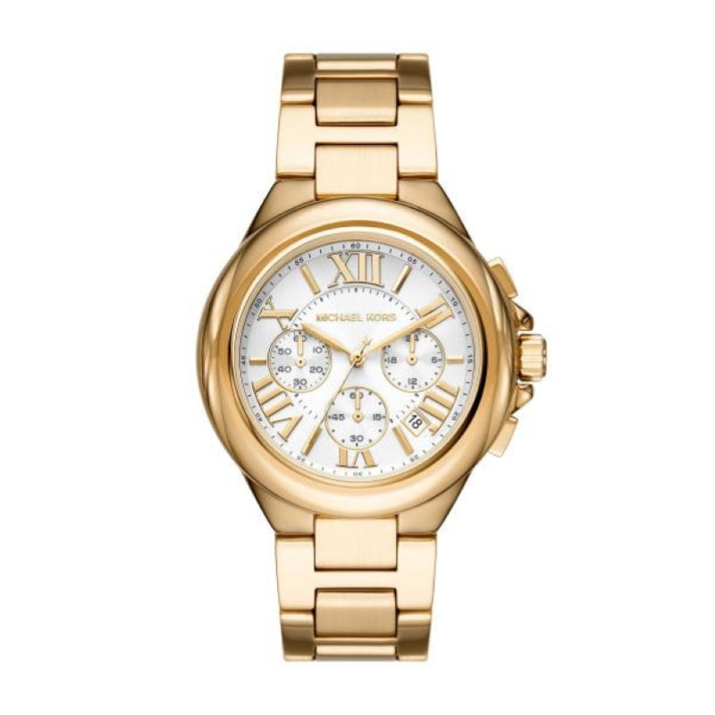 Gold watch with a white dial, Roman numerals, and three subdials on a metal bracelet.