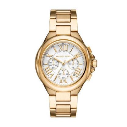 Gold watch with a white dial, Roman numerals, and three subdials on a metal bracelet.