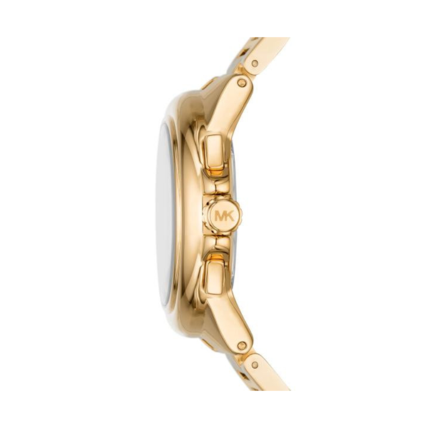 Side view of a gold watch with an MK logo on the crown and a sleek, metallic finish.