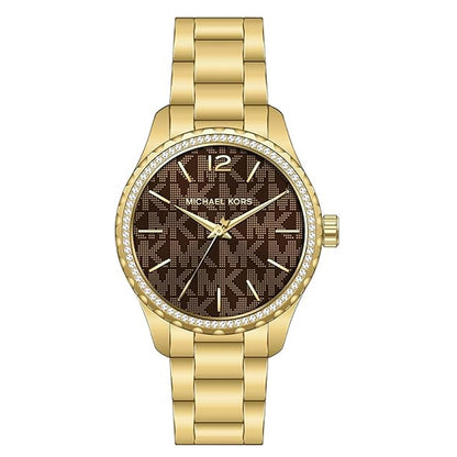 Gold watch with crystal-studded bezel, brown dial, and gold indices on a metal link bracelet.