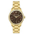 Gold watch with crystal-studded bezel, brown dial, and gold indices on a metal link bracelet.