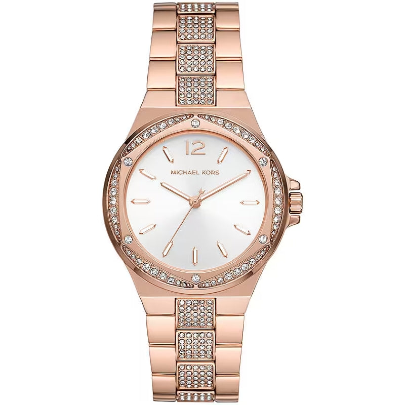 Rose gold watch with a white dial, diamond accents, and a link bracelet adorned with crystals.