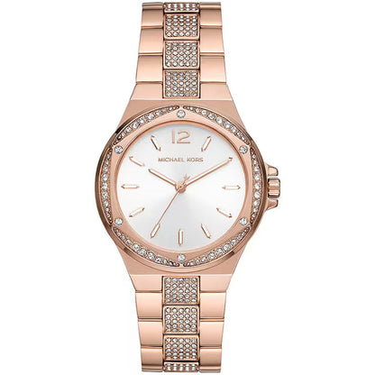 Rose gold watch with a white dial, diamond accents, and a link bracelet adorned with crystals.