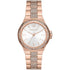 Rose gold watch with a white dial, diamond accents, and a link bracelet adorned with crystals.