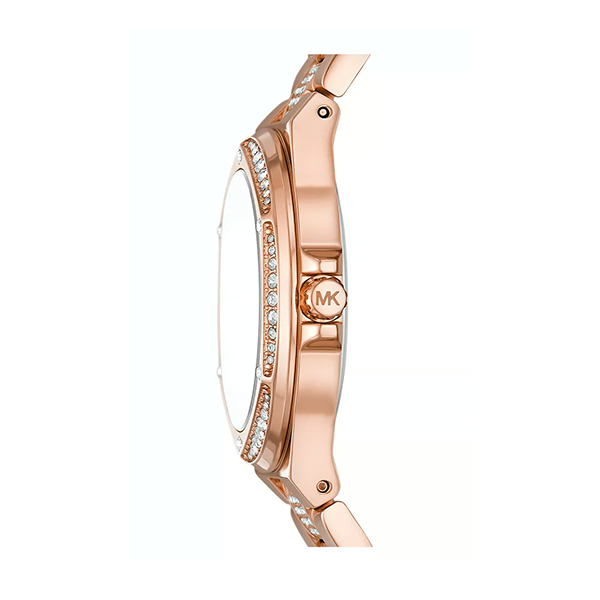 Side view of a rose gold watch with crystal accents and "MK" on the crown.
