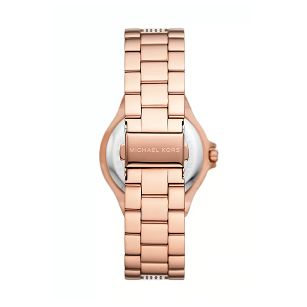 Rose gold watch with linked bracelet, logo clasp, and round case from a rear view.